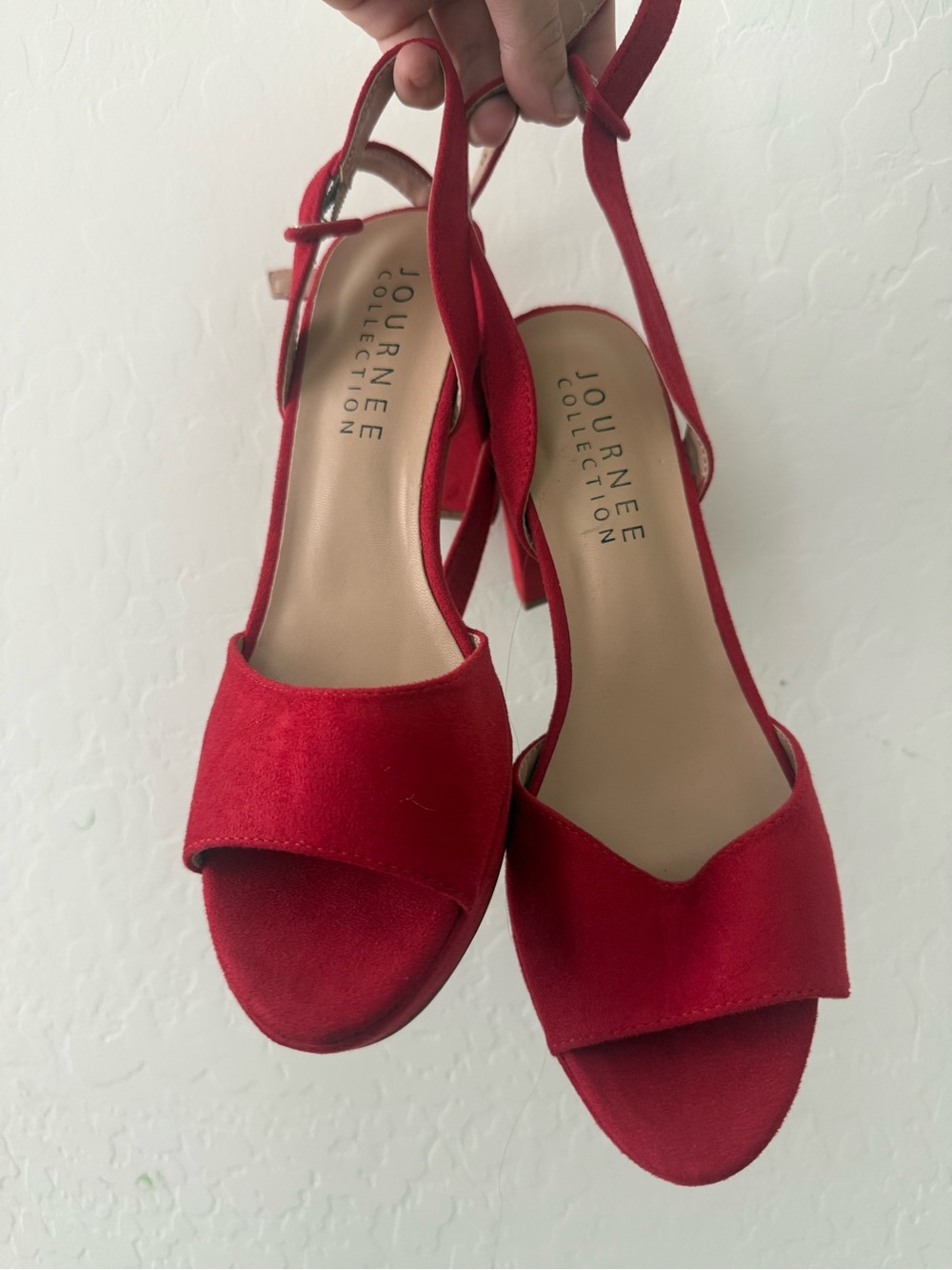 Red suede-look block heels ankle strap